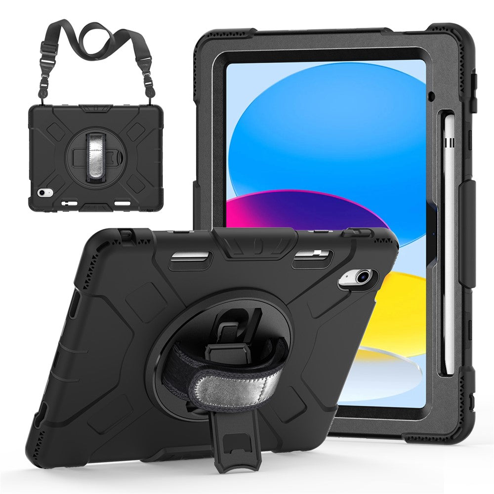 For iPad (2025) / 10.9 (2022) Kickstand Case PC+Silicone Tablet Cover with Shoulder Strap - Black