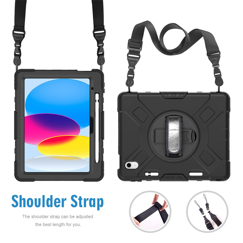 For iPad (2025) / 10.9 (2022) Kickstand Case PC+Silicone Tablet Cover with Shoulder Strap - Black