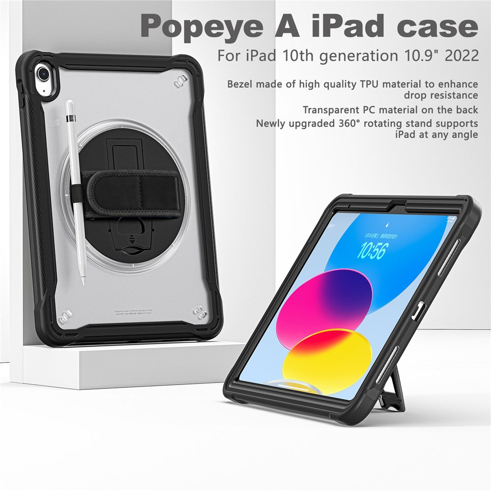 Kickstand Tablet Case for iPad (2025) / 10.9 (2022) Rotary Hand Strap TPU+PC Tablet Cover - Black