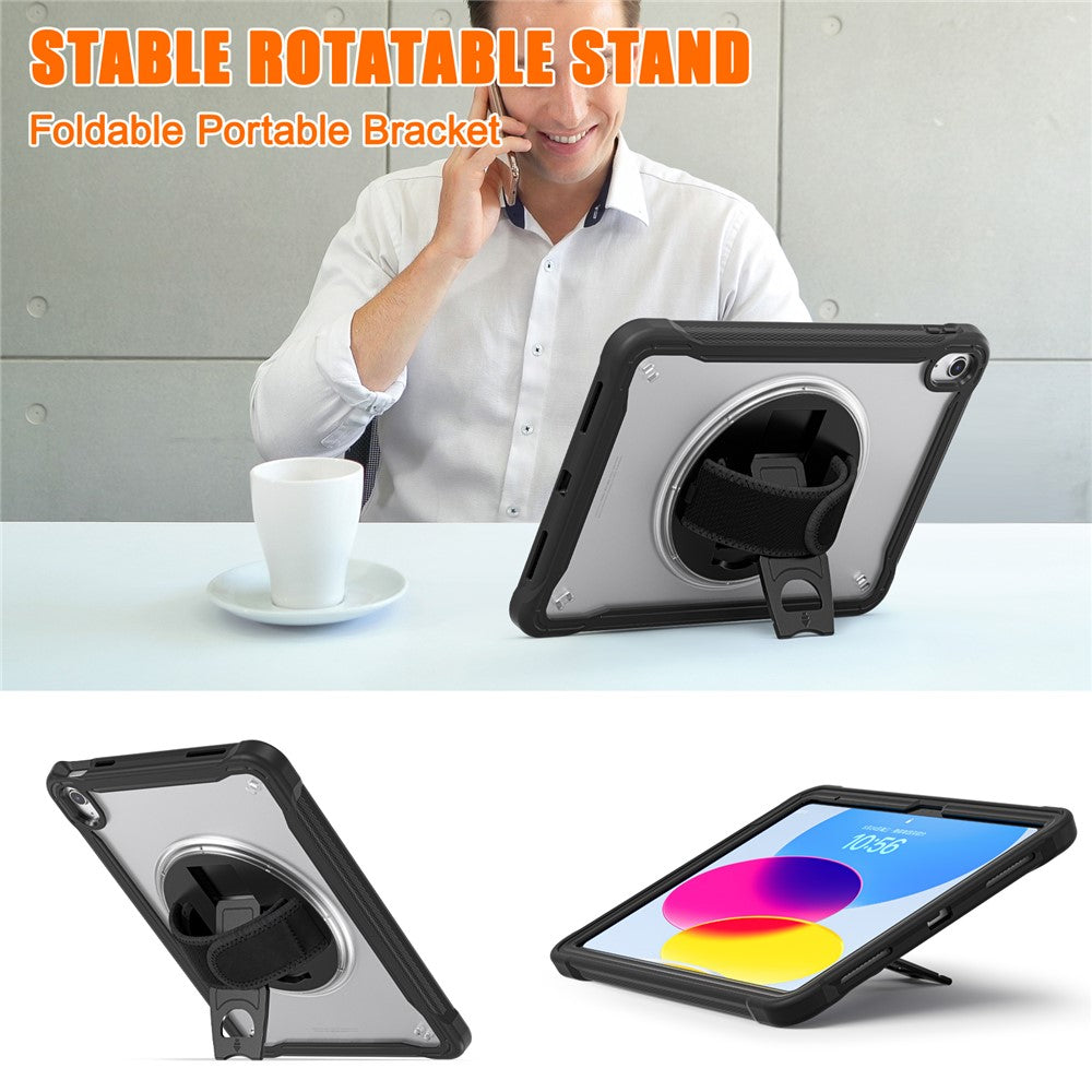 Kickstand Tablet Case for iPad (2025) / 10.9 (2022) Rotary Hand Strap TPU+PC Tablet Cover - Black