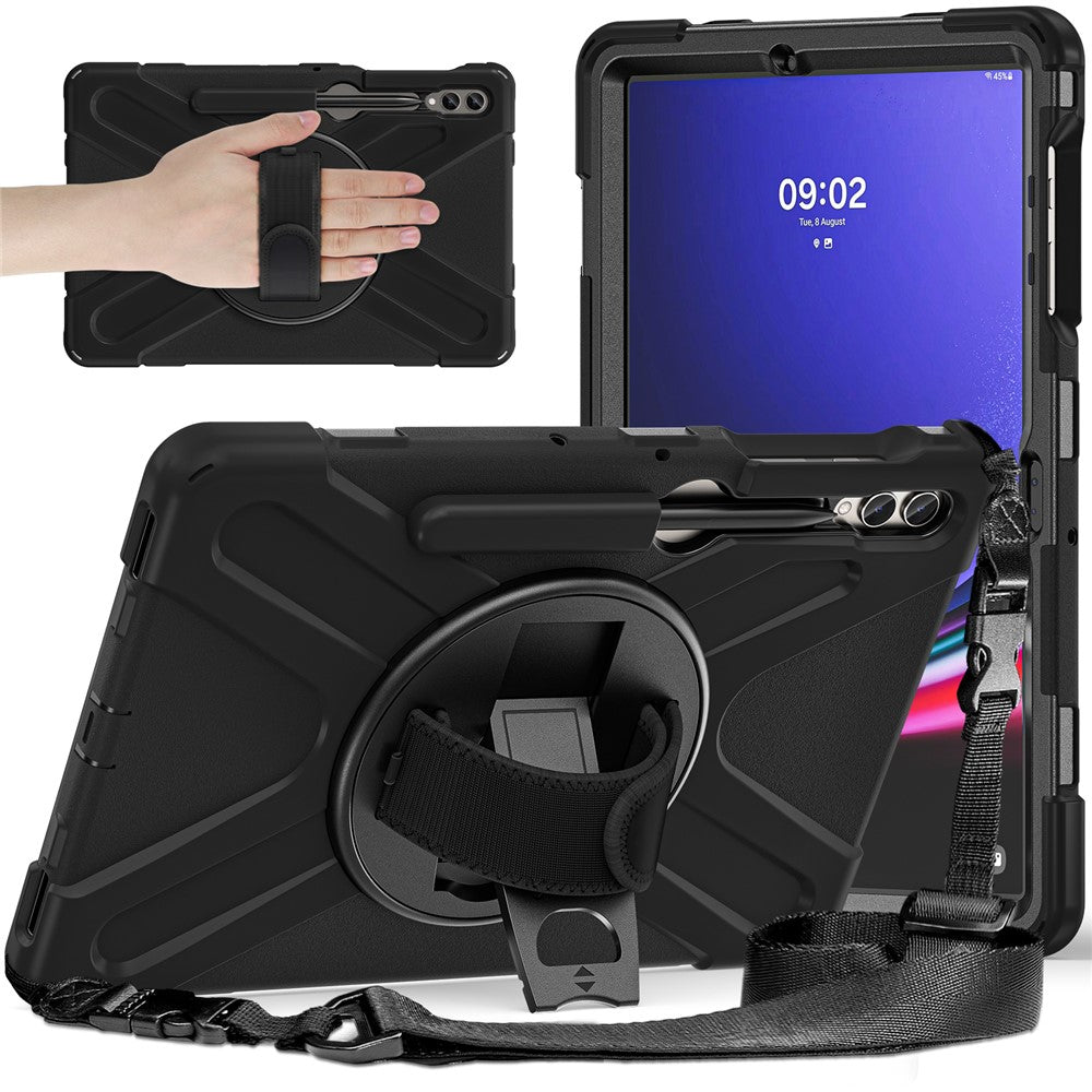 For Samsung Galaxy Tab S10 FE / S10+ X826 / S9 FE+ / S9+ / S8+ / S7 FE / S7+ PC+Silicone Tablet Case Kickstand with Shoulder Strap - Black