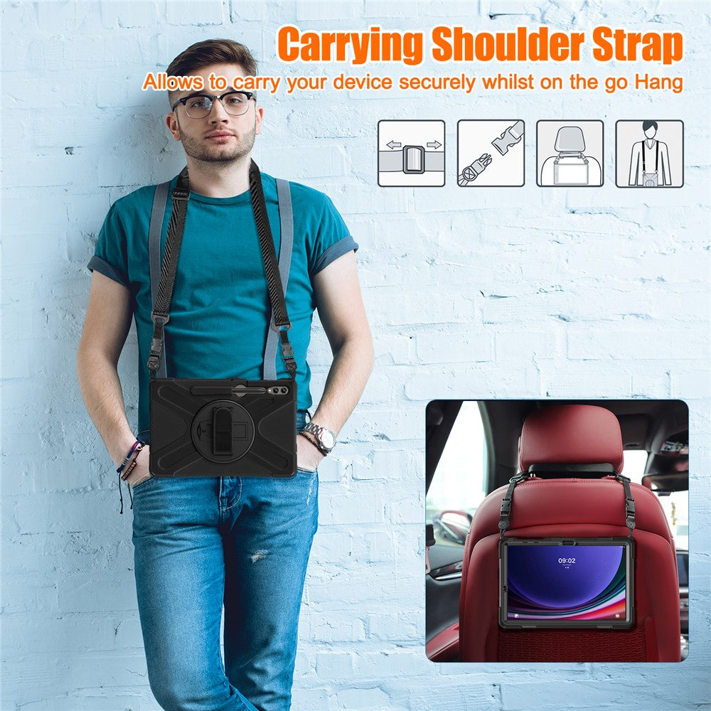 For Samsung Galaxy Tab S10 FE / S10+ X826 / S9 FE+ / S9+ / S8+ / S7 FE / S7+ PC+Silicone Tablet Case Kickstand with Shoulder Strap - Black