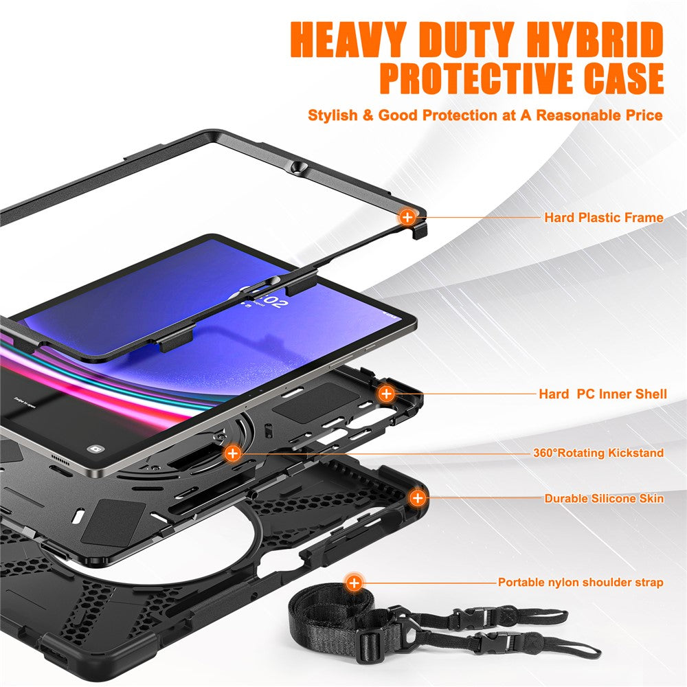 For Samsung Galaxy Tab S10 FE / S10+ X826 / S9 FE+ / S9+ / S8+ / S7 FE / S7+ PC+Silicone Tablet Case Kickstand with Shoulder Strap - Black