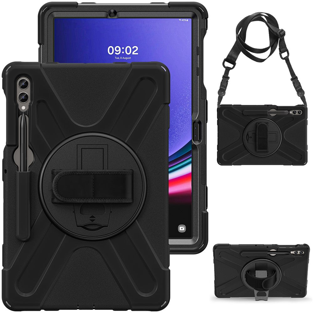 For Samsung Galaxy Tab S10 FE / S10+ X826 / S9 FE+ / S9+ / S8+ / S7 FE / S7+ PC+Silicone Tablet Case Kickstand with Shoulder Strap - Black