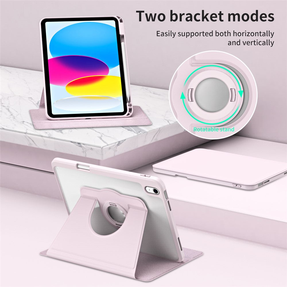 For iPad (2025) / 10.9 (2022) Smart Cover PU Leather+Acrylic Rotary Kickstand Protective Tablet Case - Pink