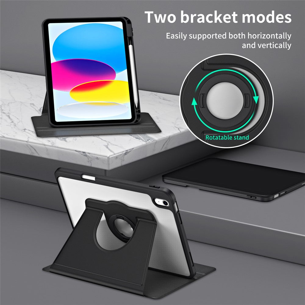 For iPad (2025) / 10.9 (2022) Smart Cover PU Leather+Acrylic Rotary Kickstand Protective Tablet Case - Black