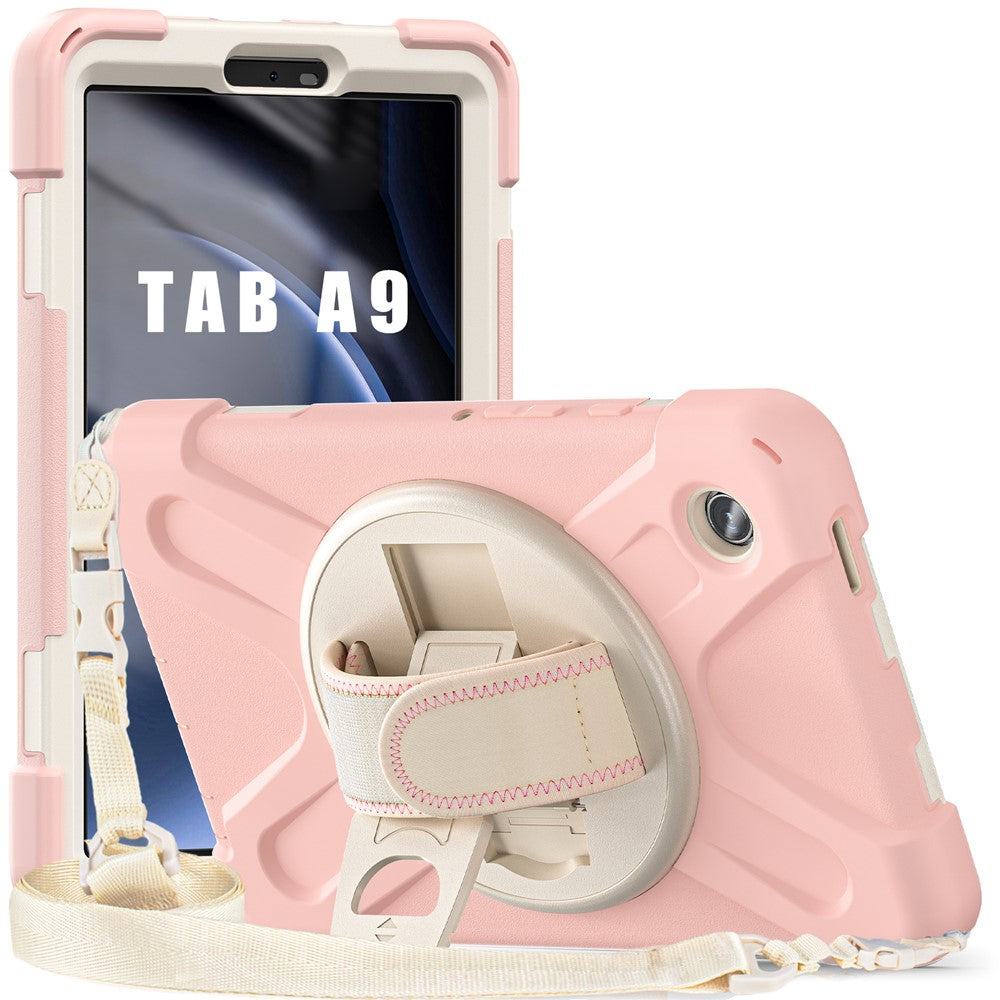 For Samsung Galaxy Tab A9 Tablet Case Kickstand PC+Silicone Cover with Hand Band / Shoulder Strap - Pink