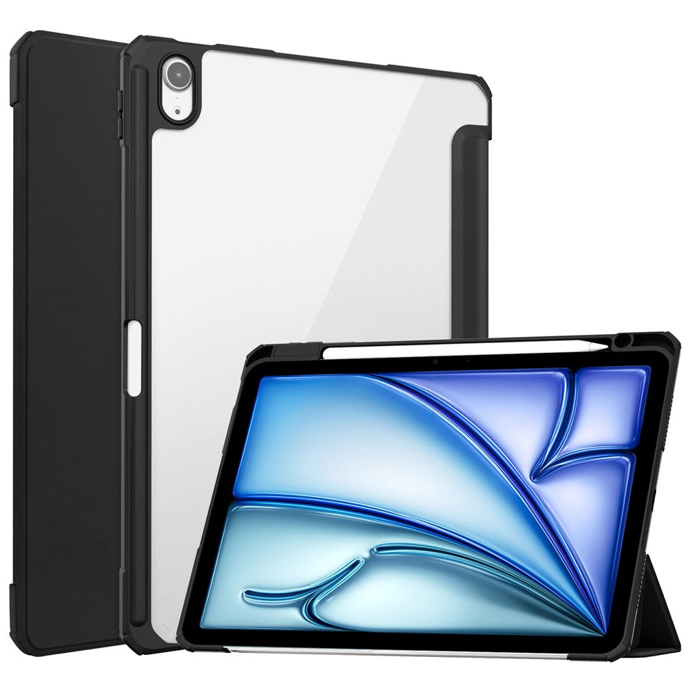 For iPad Air 11 (2025) / (2024) Clear Case PU Leather Auto Wake Sleep Protective Cover with Pen Slot - Black