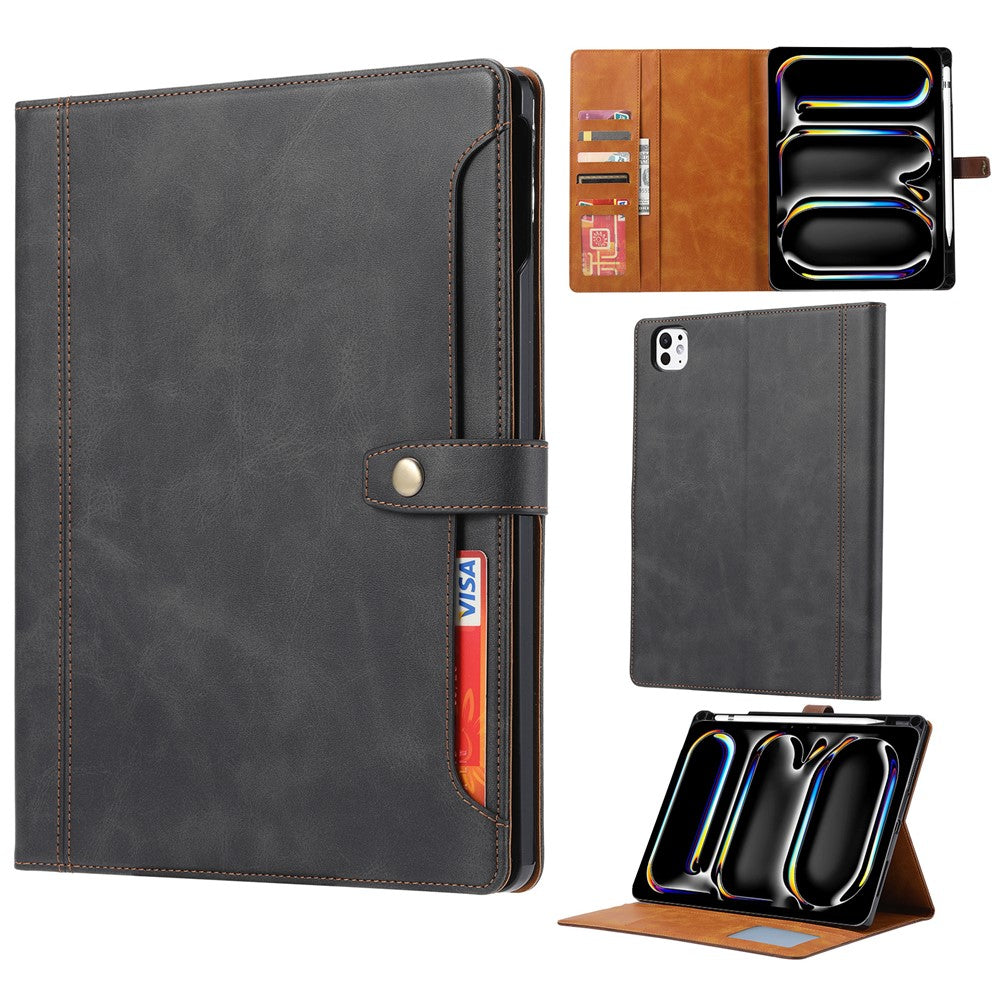 For iPad Pro 13 (2025) / 13 (2024) Case Outer Card Slot Leather Wallet Tablet Cover with Wake/sleep - Black