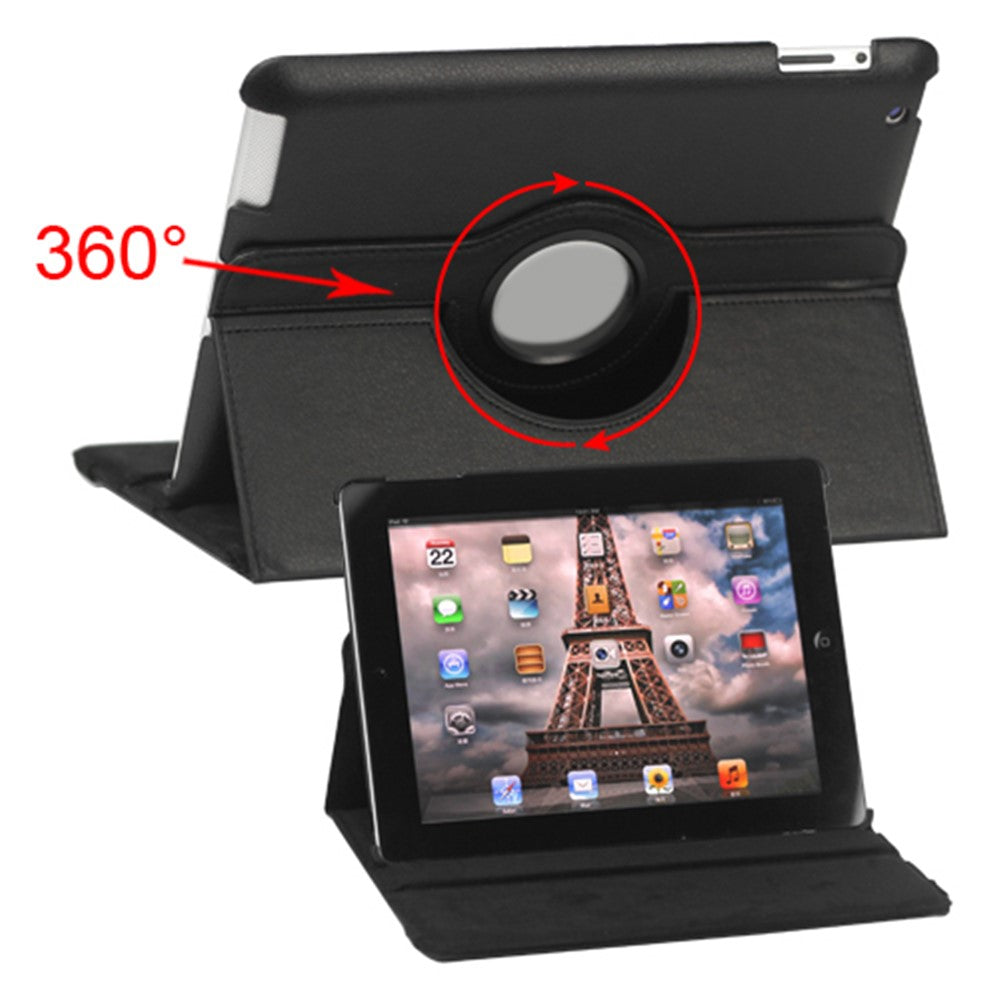 360 Degree Rotating Litchi Surface Leather Case Cover with Stand for iPad 2 / 3 / 4 - Black